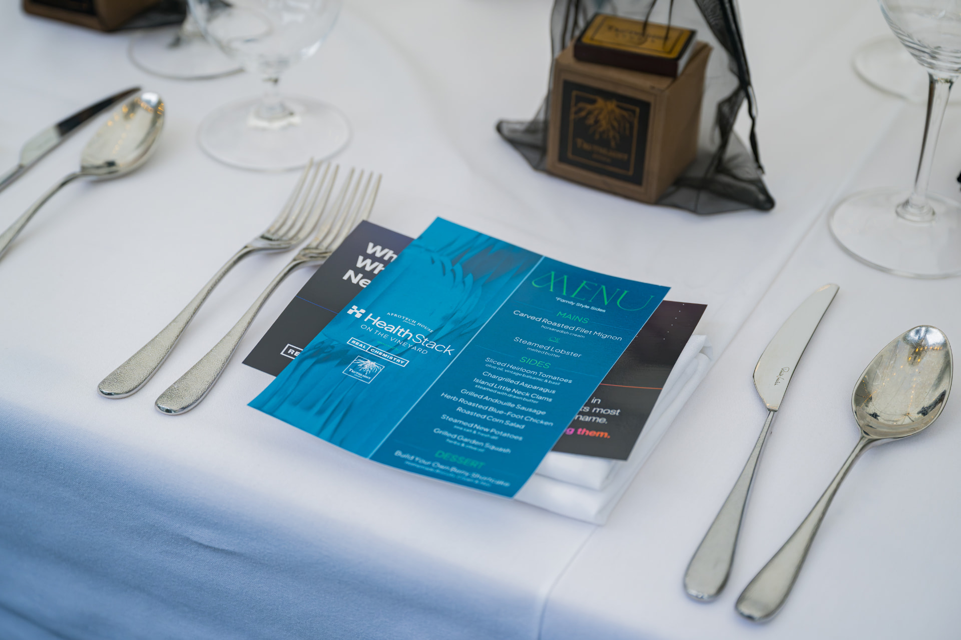 HealthStack menu card resting on a folded napkin